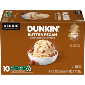 Dunkin Butter Pecan K-Cup pods box, rich flavor and convenience for home brewing.