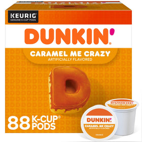 Dunkin' Donuts Caramel Me Crazy K-Cup pods on a pantry shelf for quick morning brew.