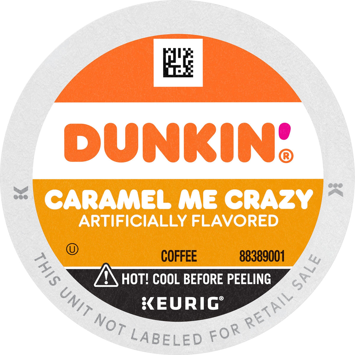 Close-up of Dunkin Caramel Me Crazy label highlighting flavor notes.