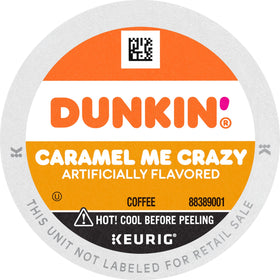 Close-up of Dunkin Caramel Me Crazy label highlighting flavor notes.