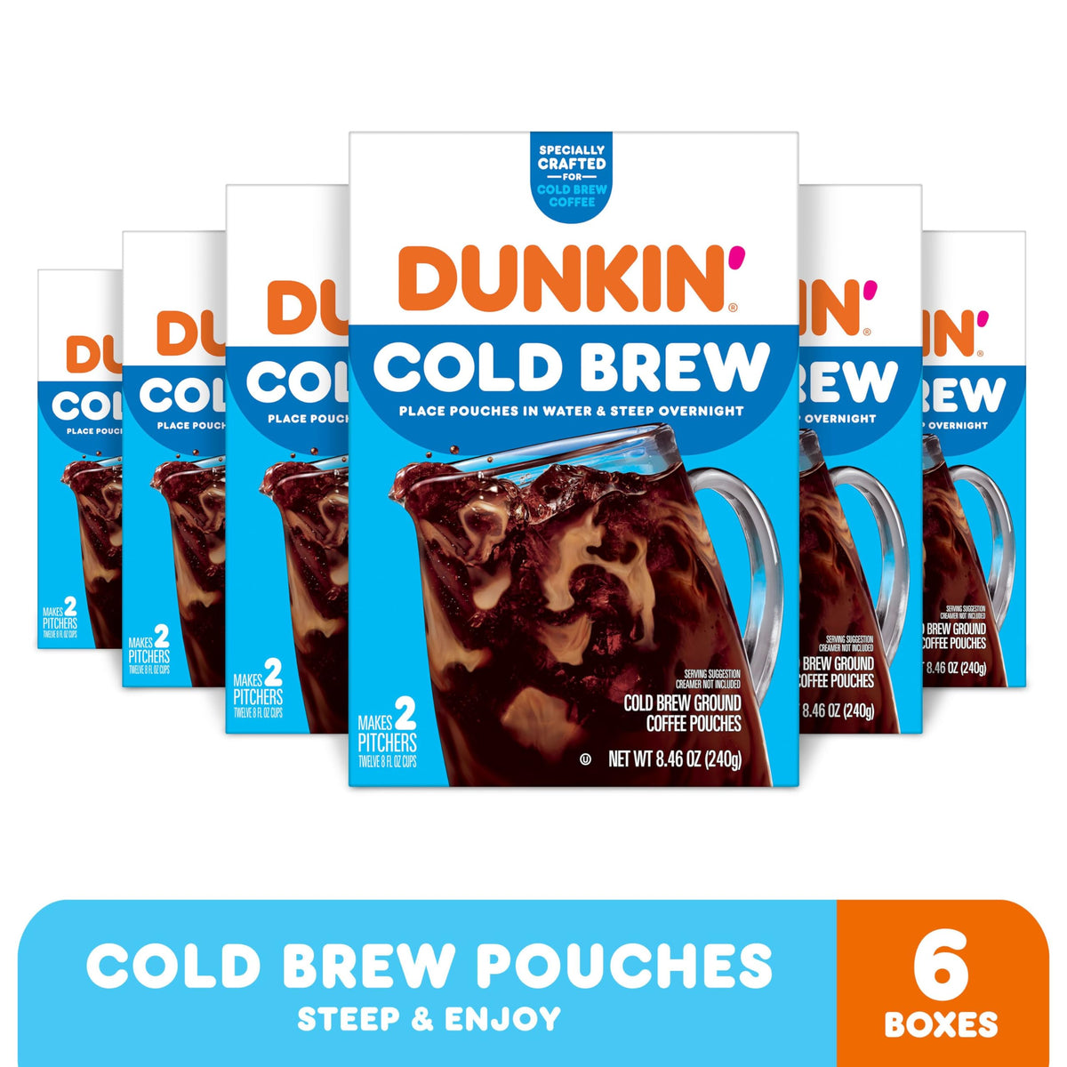 Dunkin’ Cold Brew pouches in fridge steeping for rich flavor.