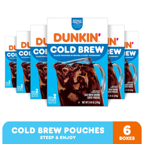 Dunkin’ Cold Brew pouches in fridge steeping for rich flavor.