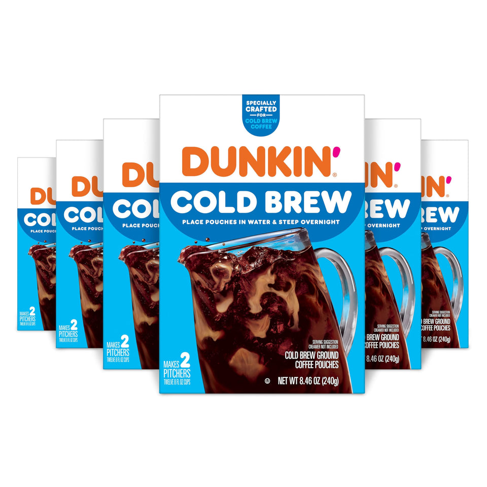 Dunkin’ Cold Brew pouches packaging shown, six boxes ready for home brewing.