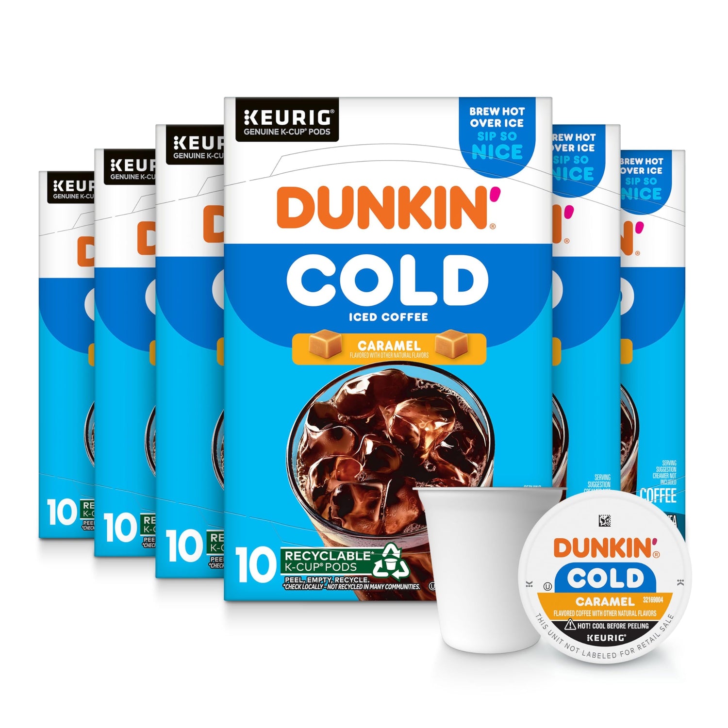 Dunkin Cold Caramel K-Cups box of 60 pods for at-home iced coffee.