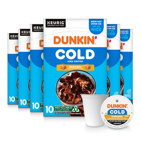 Dunkin Cold Caramel K-Cups box of 60 pods for at-home iced coffee.