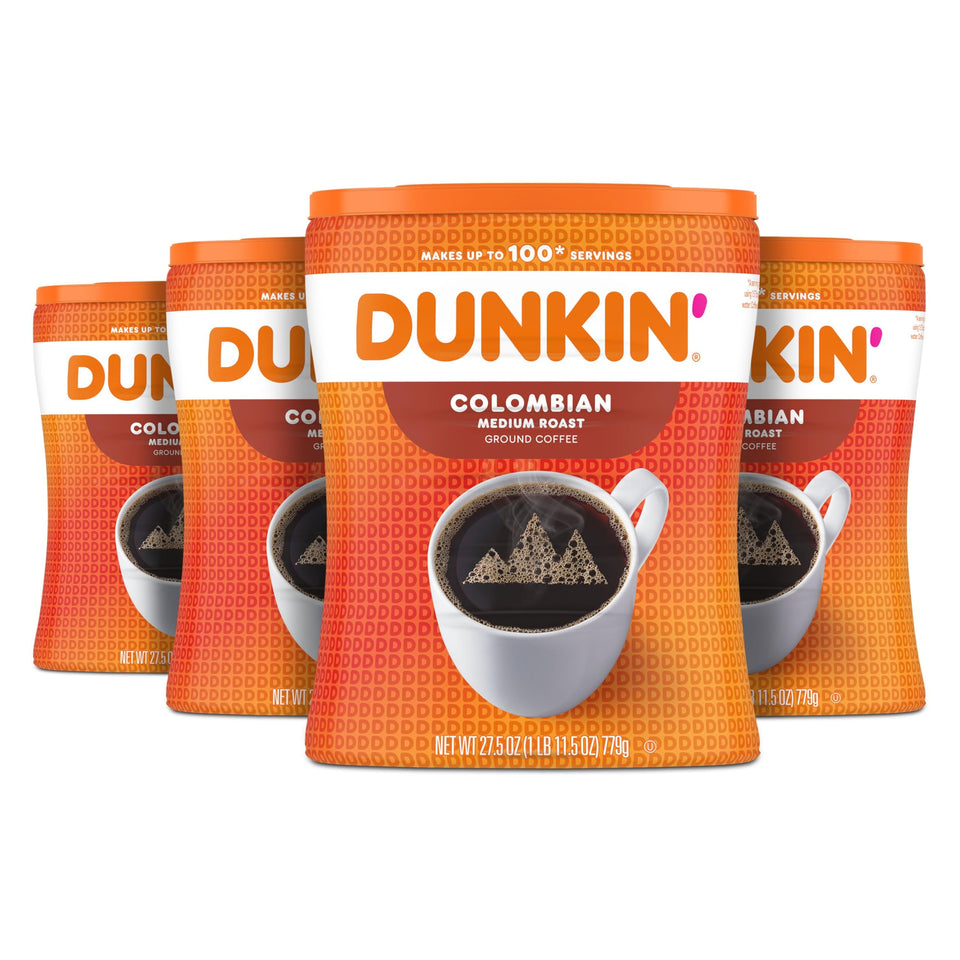 Dunkin 100% Colombian ground coffee four-canister pack ready for home brewing