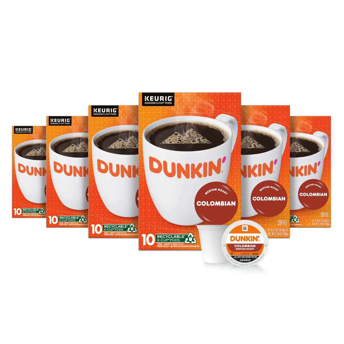 Dunkin' Colombian medium roast K-Cup boxes in a 60-count bundle for at-home brewing.