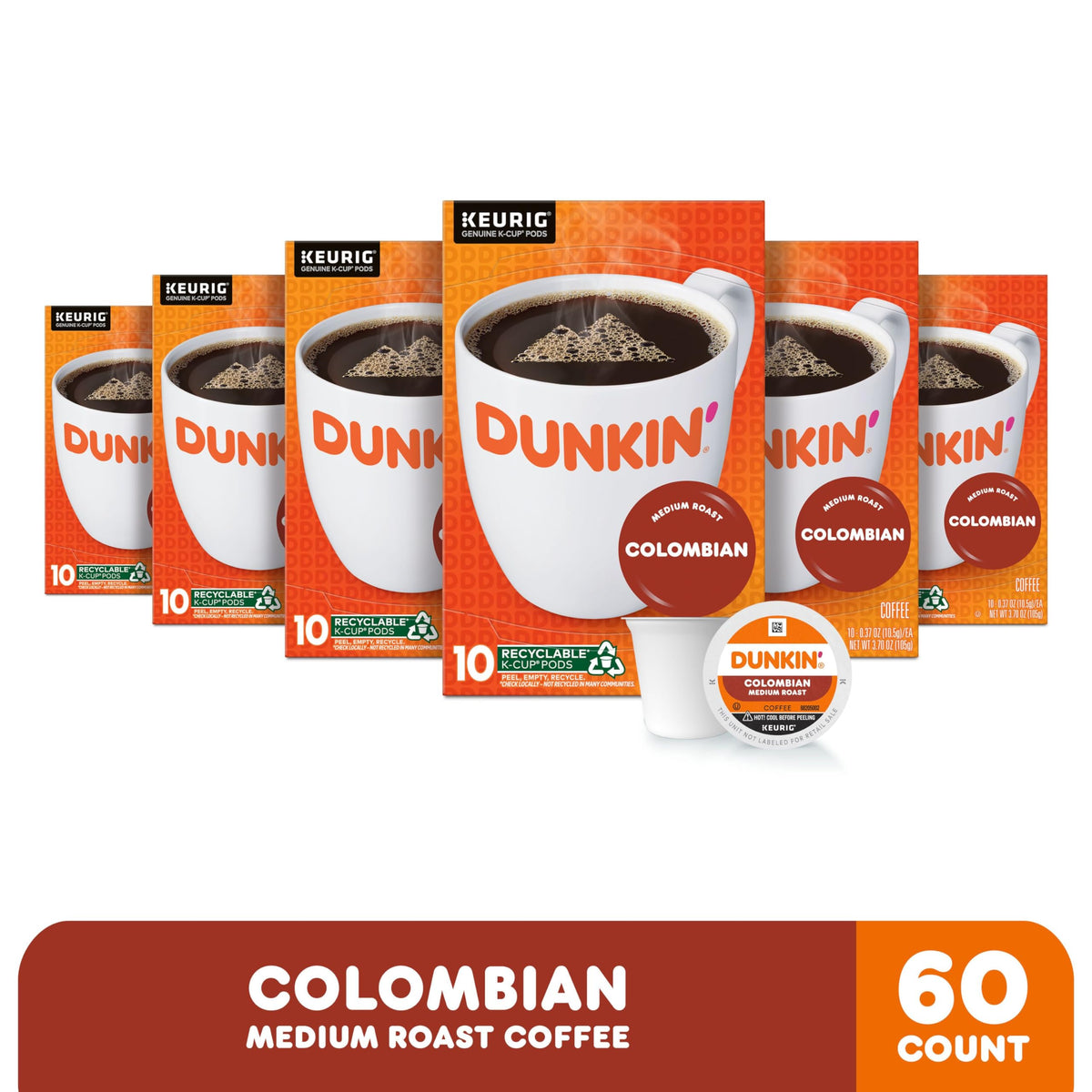 Dunkin' Colombian K-Cup pods close-up, showcasing full-bodied flavor ready to brew.