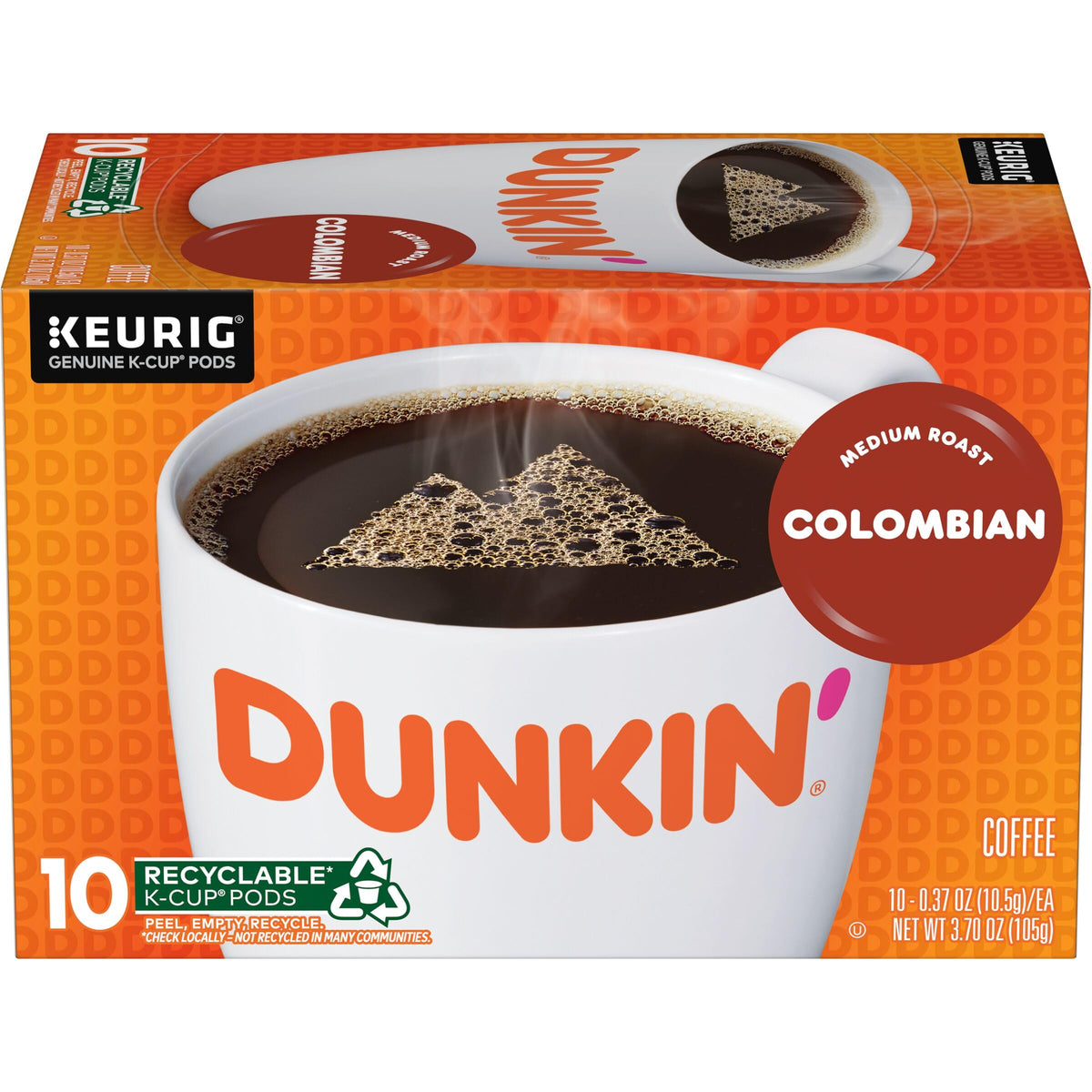 Dunkin' Colombian medium roast pod stack on display for easy batch brewing.