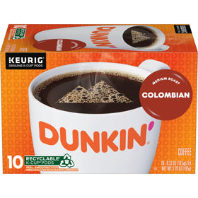 Dunkin' Colombian medium roast pod stack on display for easy batch brewing.
