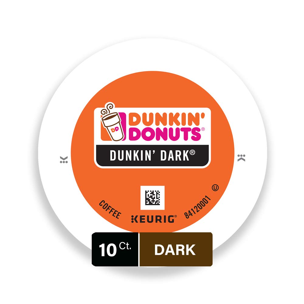 Dunkin' Donuts Dunkin Dark K-Cup pods box front highlighting bold aroma for morning brews.