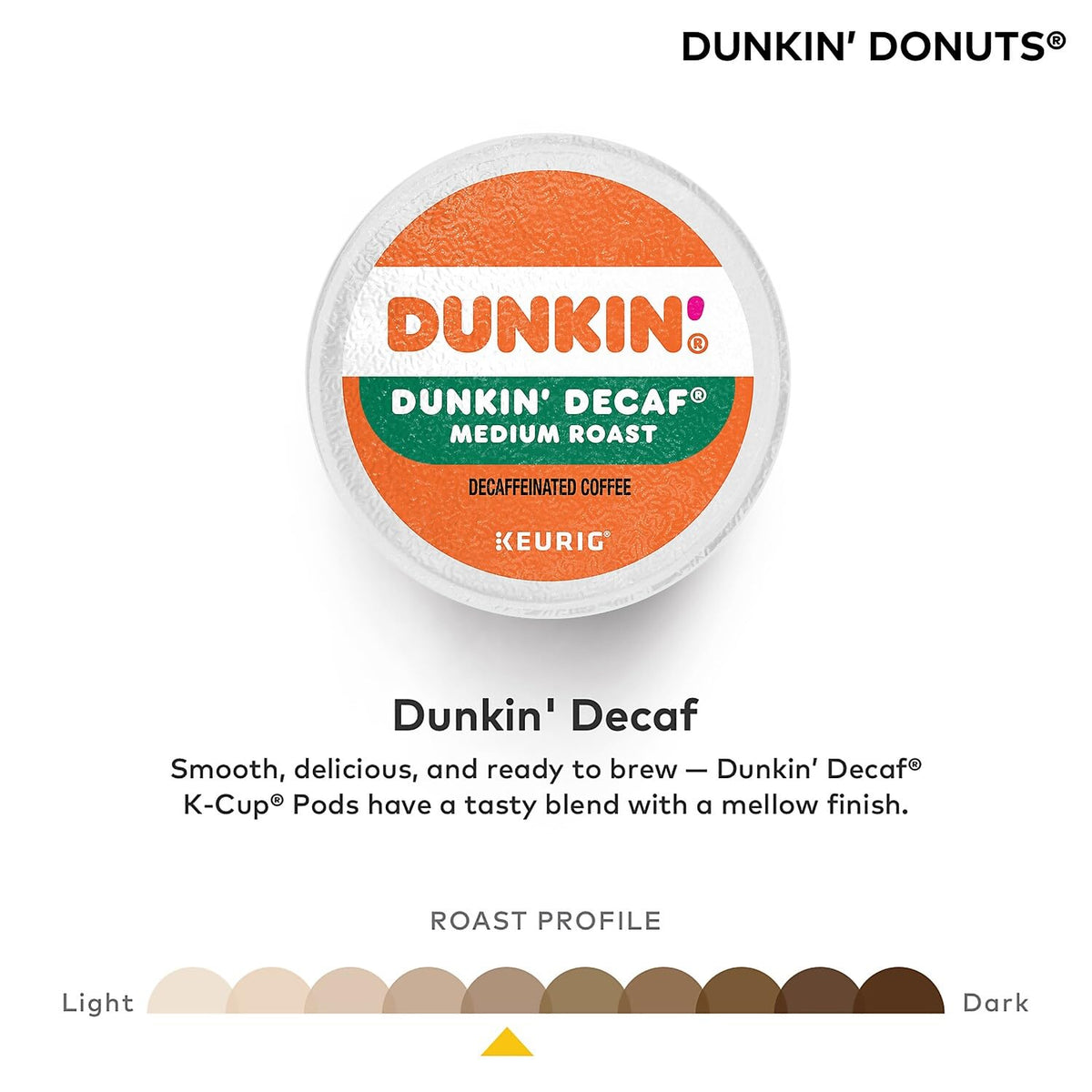 Dunkin Decaf K-Cup pod beside a steaming mug in use.