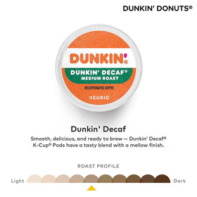 Dunkin Decaf K-Cup pod beside a steaming mug in use.