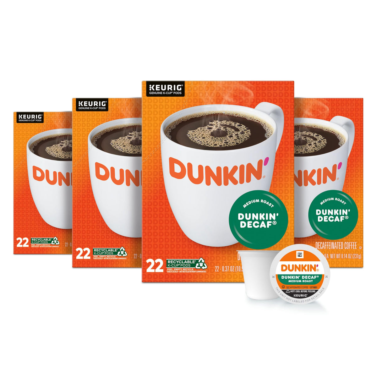 Dunkin' Decaf Medium Roast box front for home brewing
