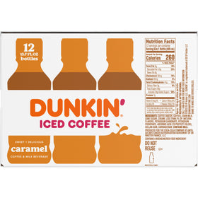 Dunkin Donuts Caramel Iced Coffee bottle with ready-to-drink label for quick enjoyment.