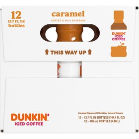 Dunkin Donuts Caramel Iced Coffee bottle highlights 184 mg caffeine for a mid-day boost.