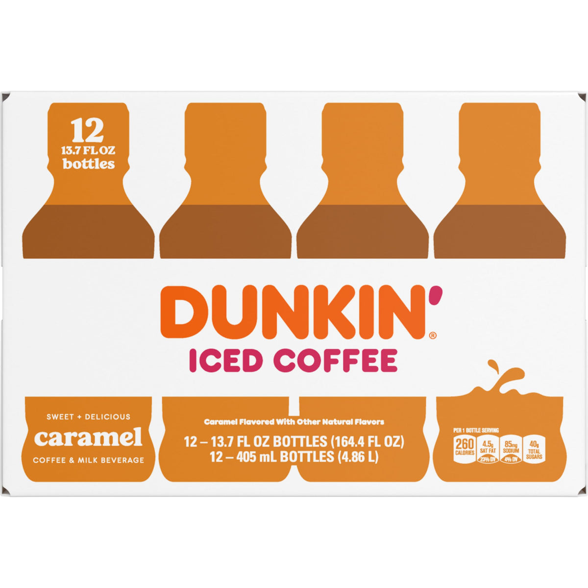 Dunkin Donuts Caramel Iced Coffee bottle poured over ice for an energizing sip.