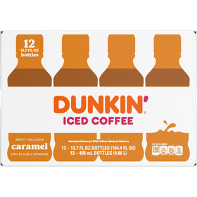 Dunkin Donuts Caramel Iced Coffee bottle poured over ice for an energizing sip.