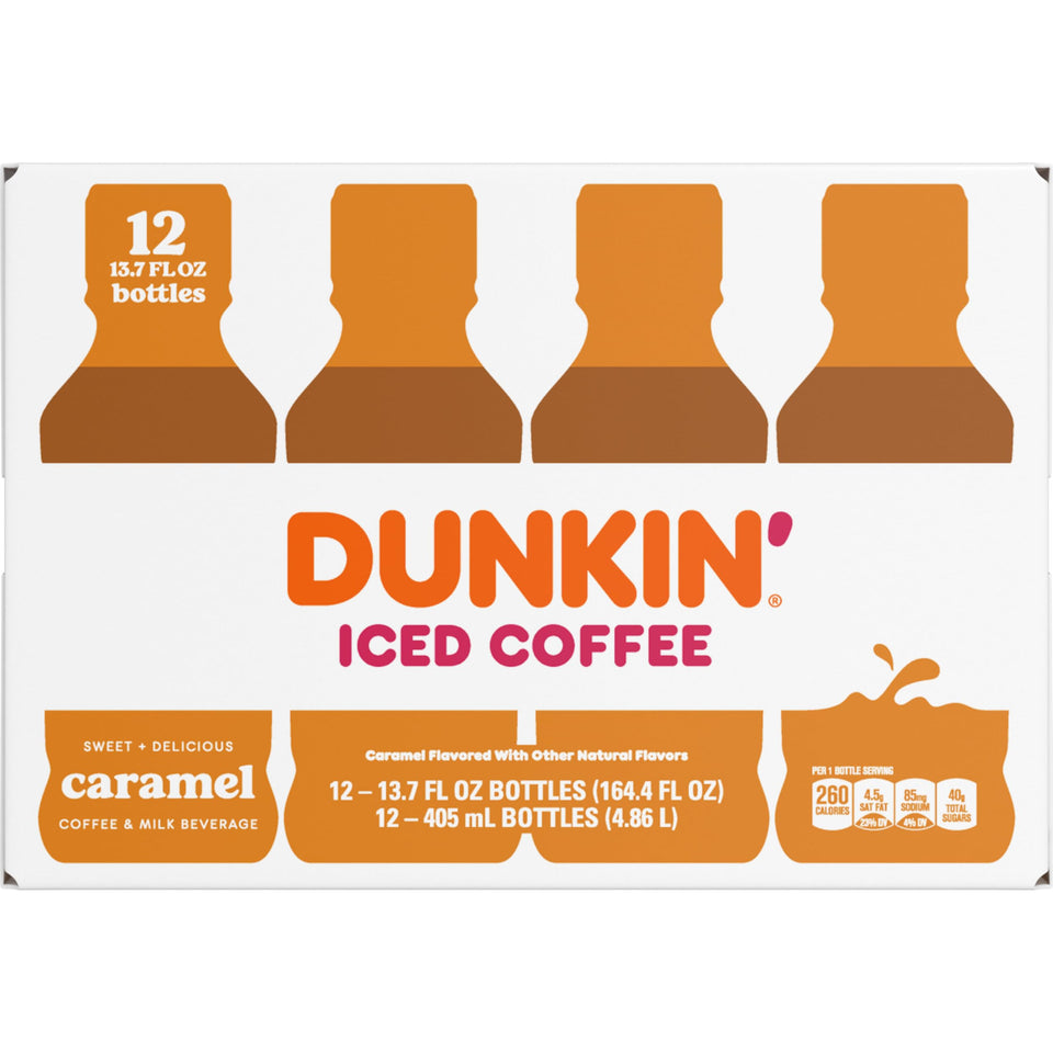 Dunkin Donuts Caramel Iced Coffee bottle poured over ice for an energizing sip.