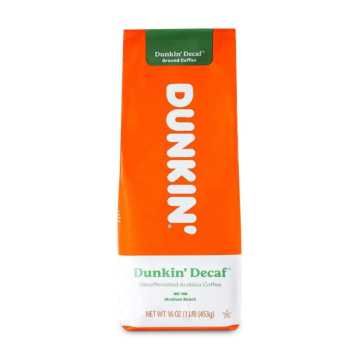 Dunkin Donuts decaf coffee 16oz bag for a smooth morning brew.
