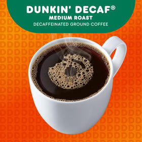 Dunkin' Donuts decaf coffee at home scene on kitchen counter.