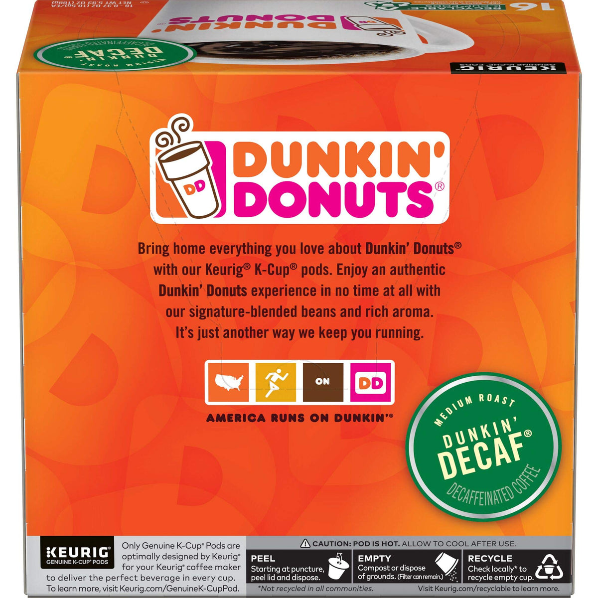 Dunkin' Donuts Decaf K-Cup Brew Pour shot highlighting mellow finish for easy brewing