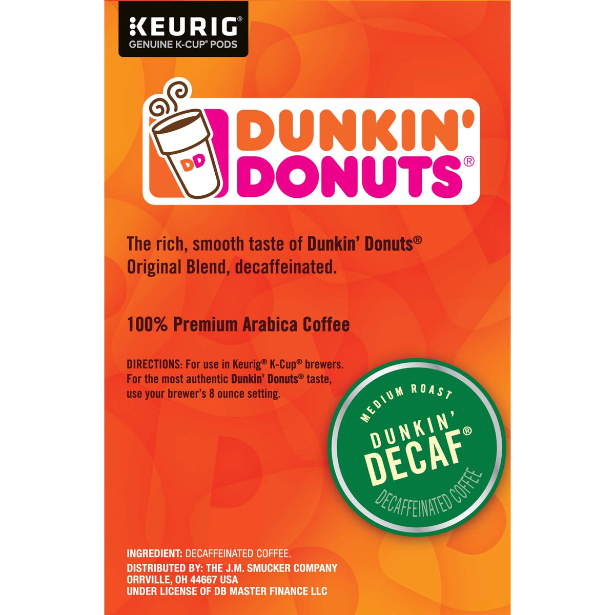 Dunkin' Donuts Decaf K-Cup Mug Setup with a steaming cup for relaxed moments