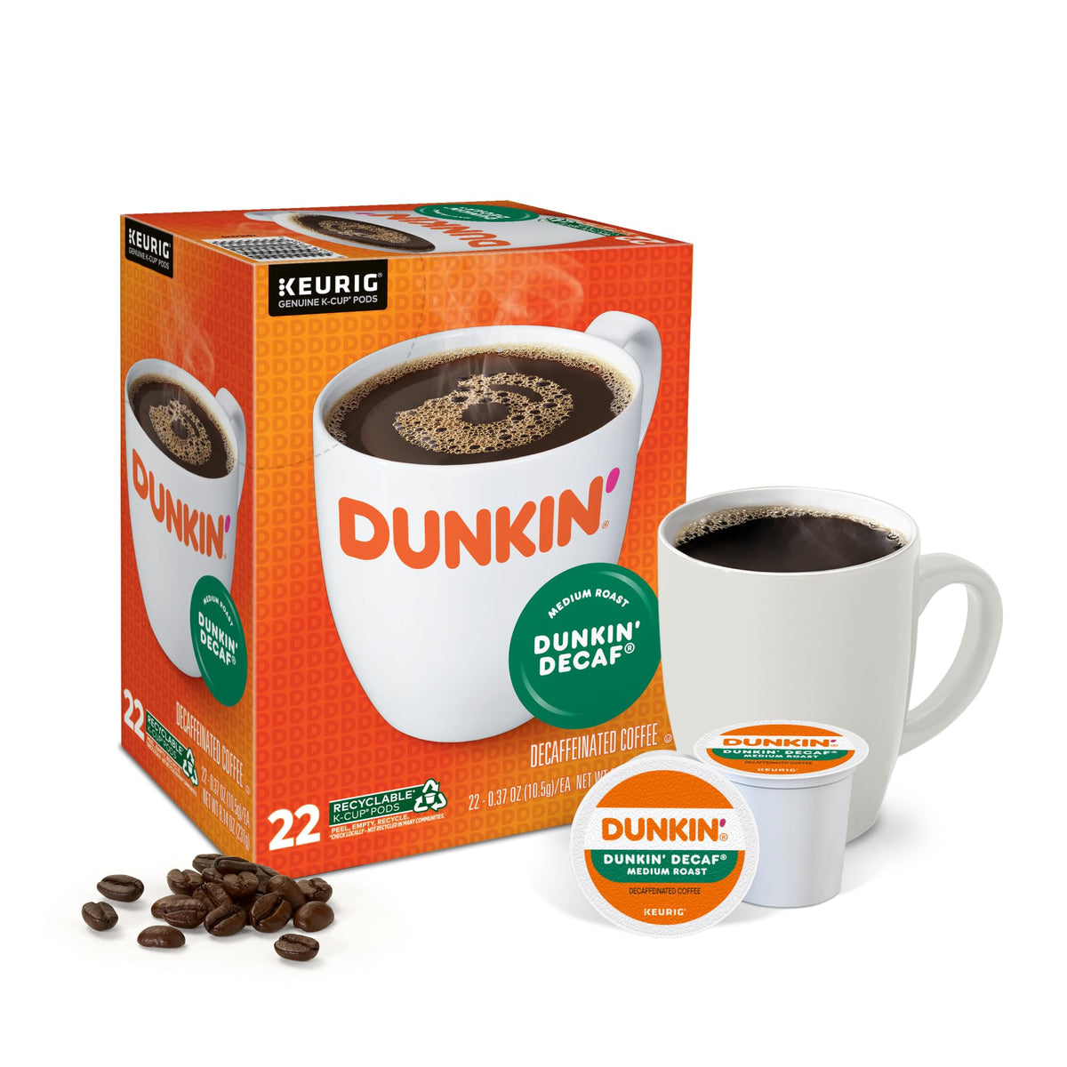 Dunkin Donuts Decaf K-Cups back-of-pack four-pack bundle for savings.