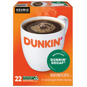 Dunkin Donuts Decaf K-Cups box on shelf showcases convenient multi-pack.
