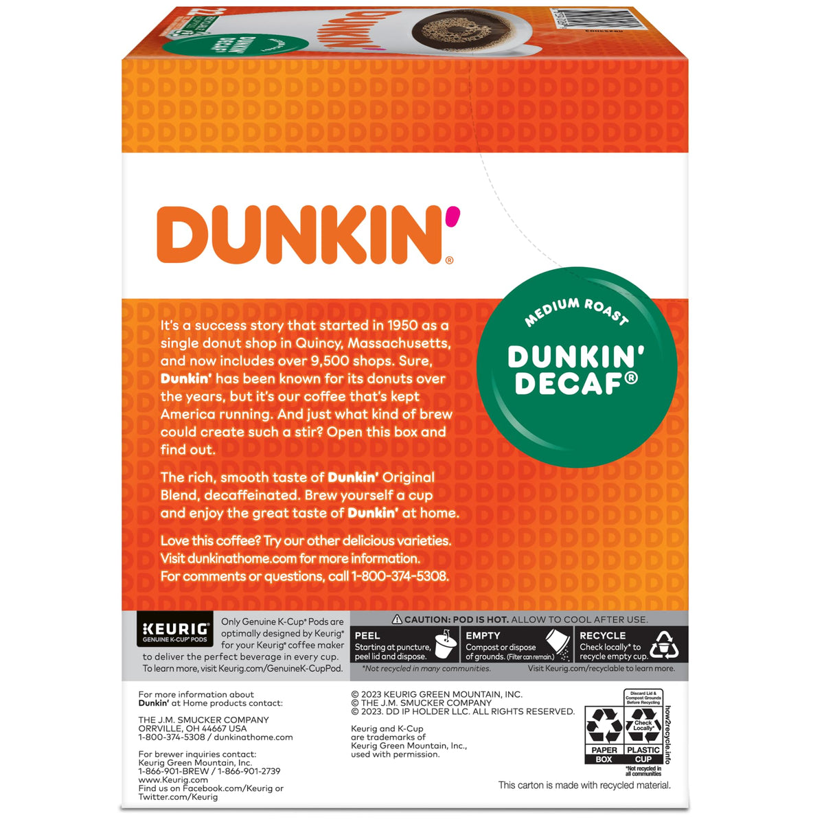 Dunkin Donuts Decaf K-Cups case-pack displays value for households.