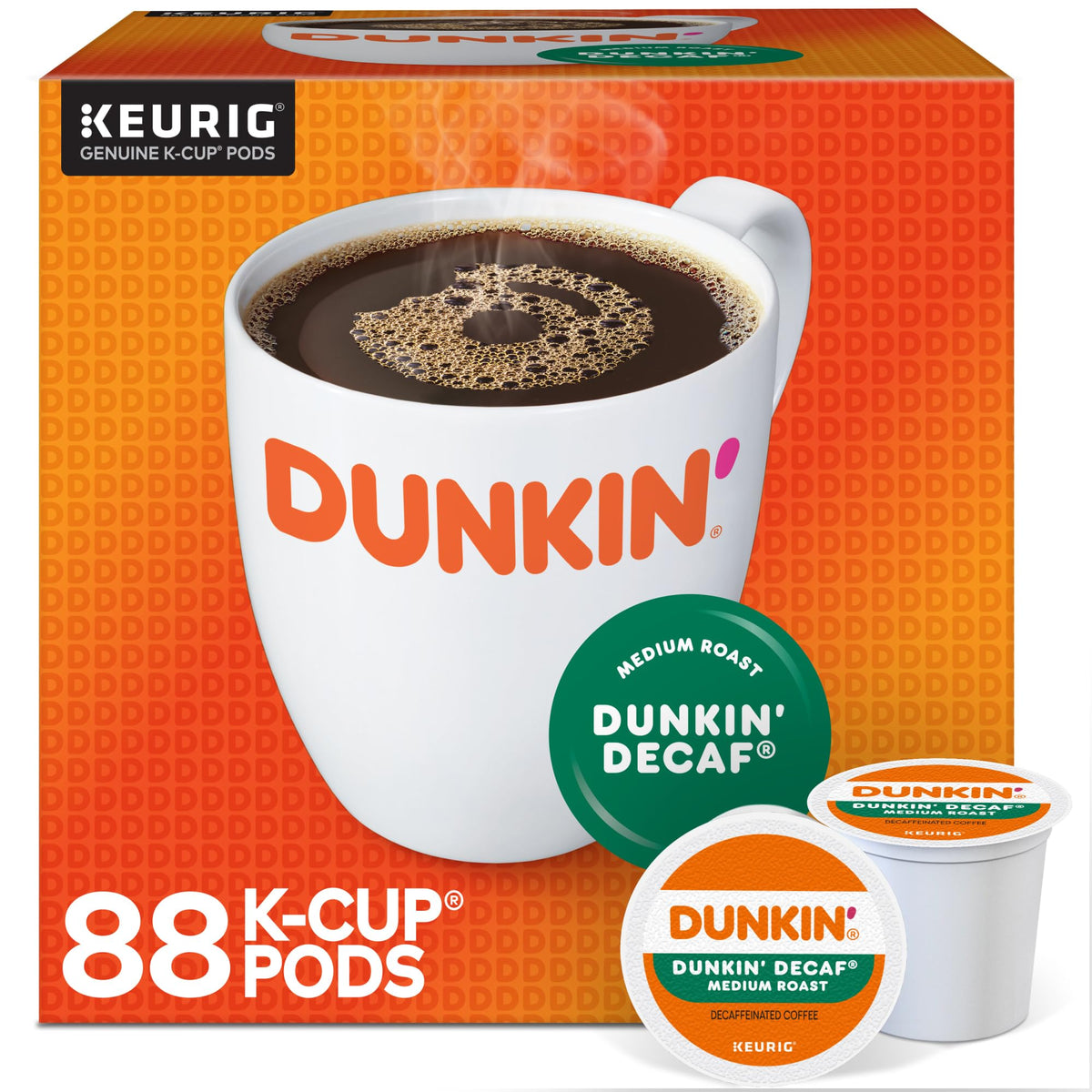 Dunkin Donuts Decaf K-Cups pack front, ready for your morning routine.