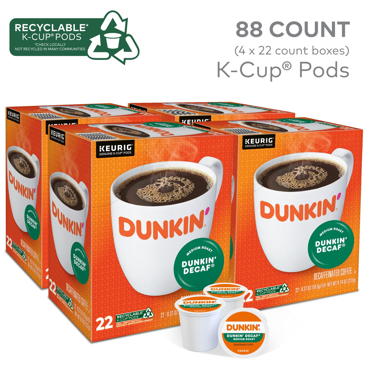 Dunkin Donuts Decaf K-Cups pod closeup highlights smooth, balanced flavor.