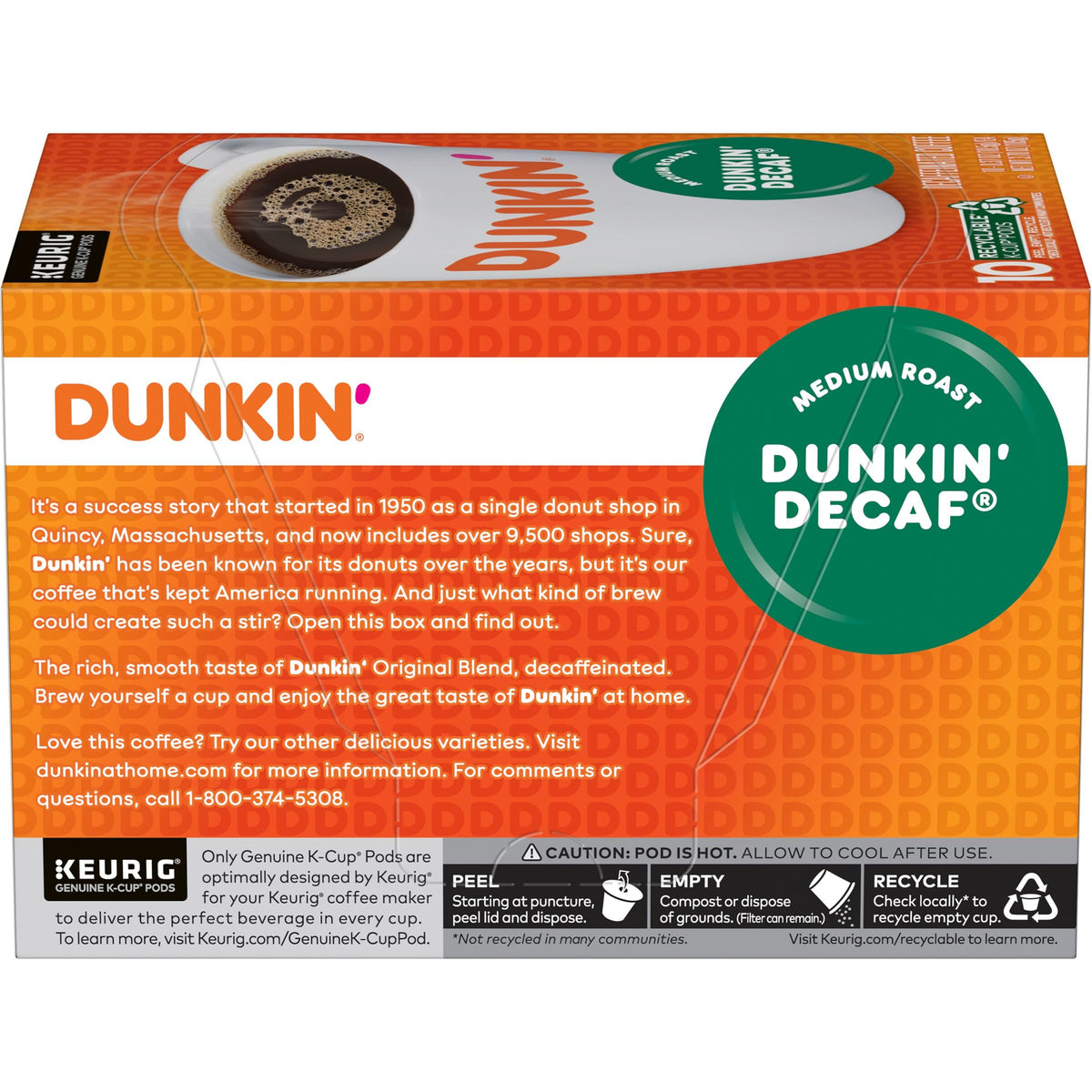 Dunkin' Donuts decaf medium roast box front display.