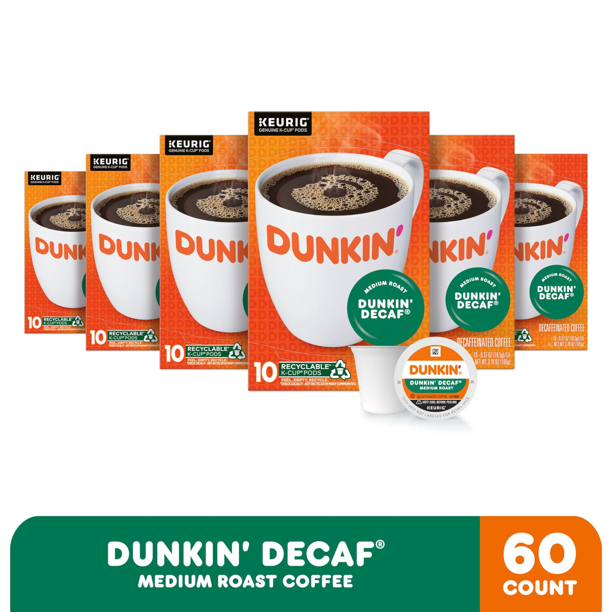 Dunkin' Donuts decaf medium roast K-Cup pods close-up highlighting rich flavor.