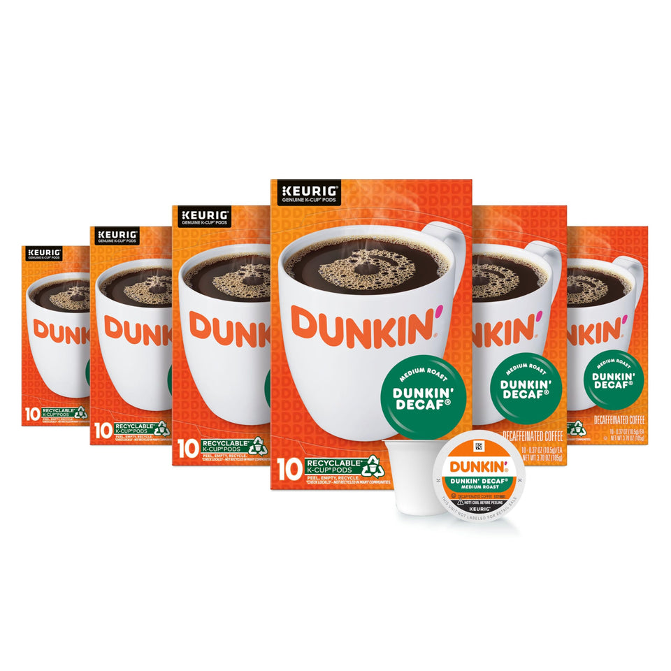 Dunkin' Donuts decaf medium roast K-Cup pods pack for home brewing convenience.