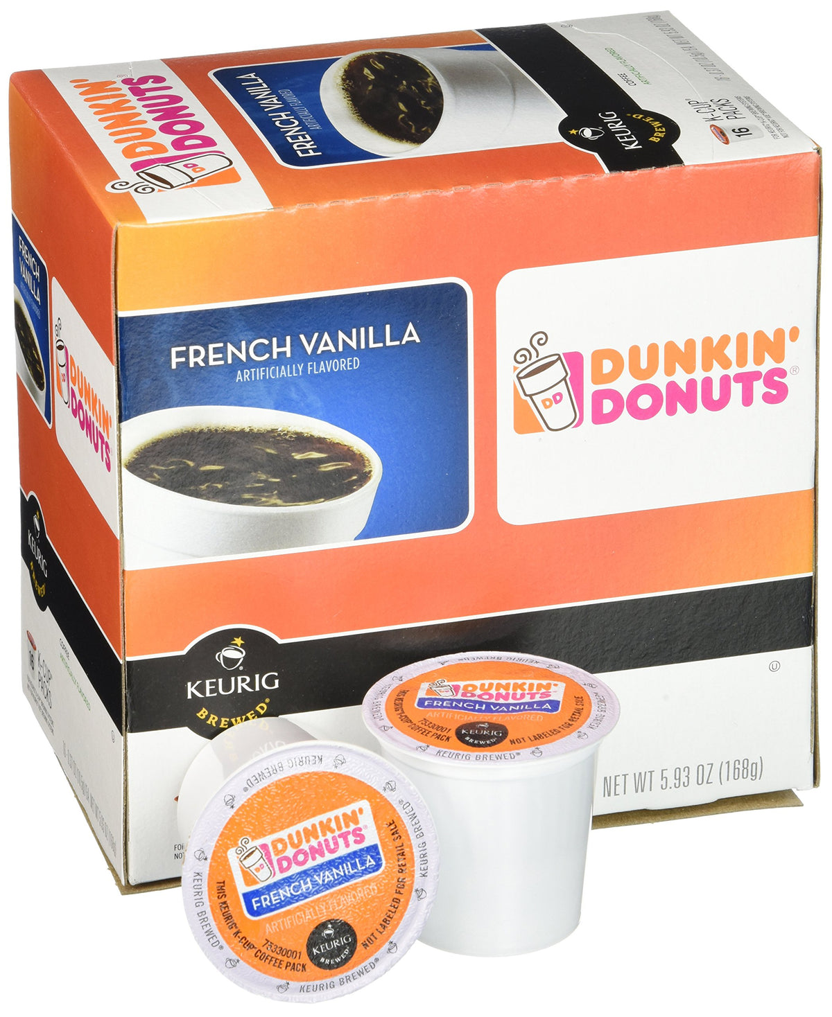 Dunkin Donuts French Vanilla K-Cups close-up highlights premium coffee flavor.