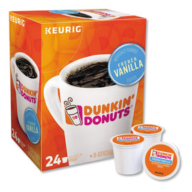 Dunkin' Donuts French Vanilla K-Cup box with 24-count for easy home or office coffee.
