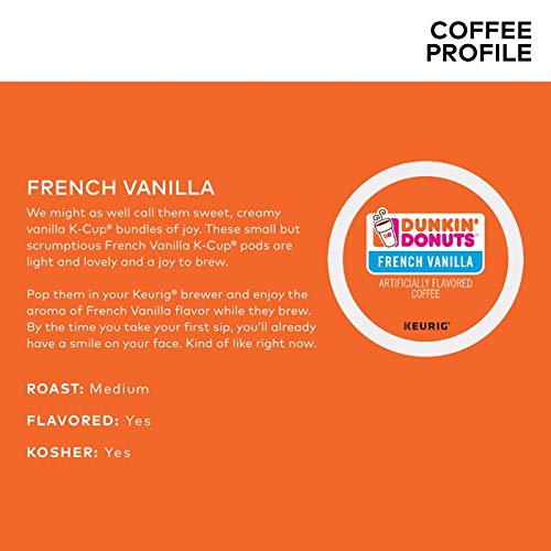 Dunkin' Donuts French Vanilla K-Cups beside a mug for daily indulgence.