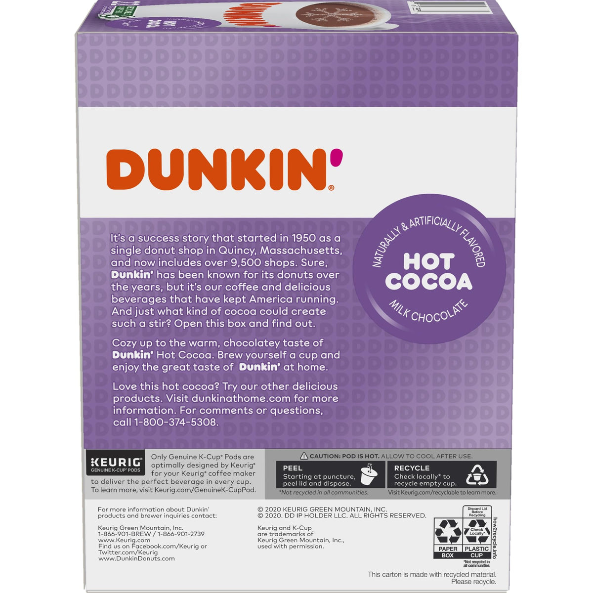 Dunkin Donuts Milk Chocolate Hot Cocoa label highlights ingredients and OU Kosher.