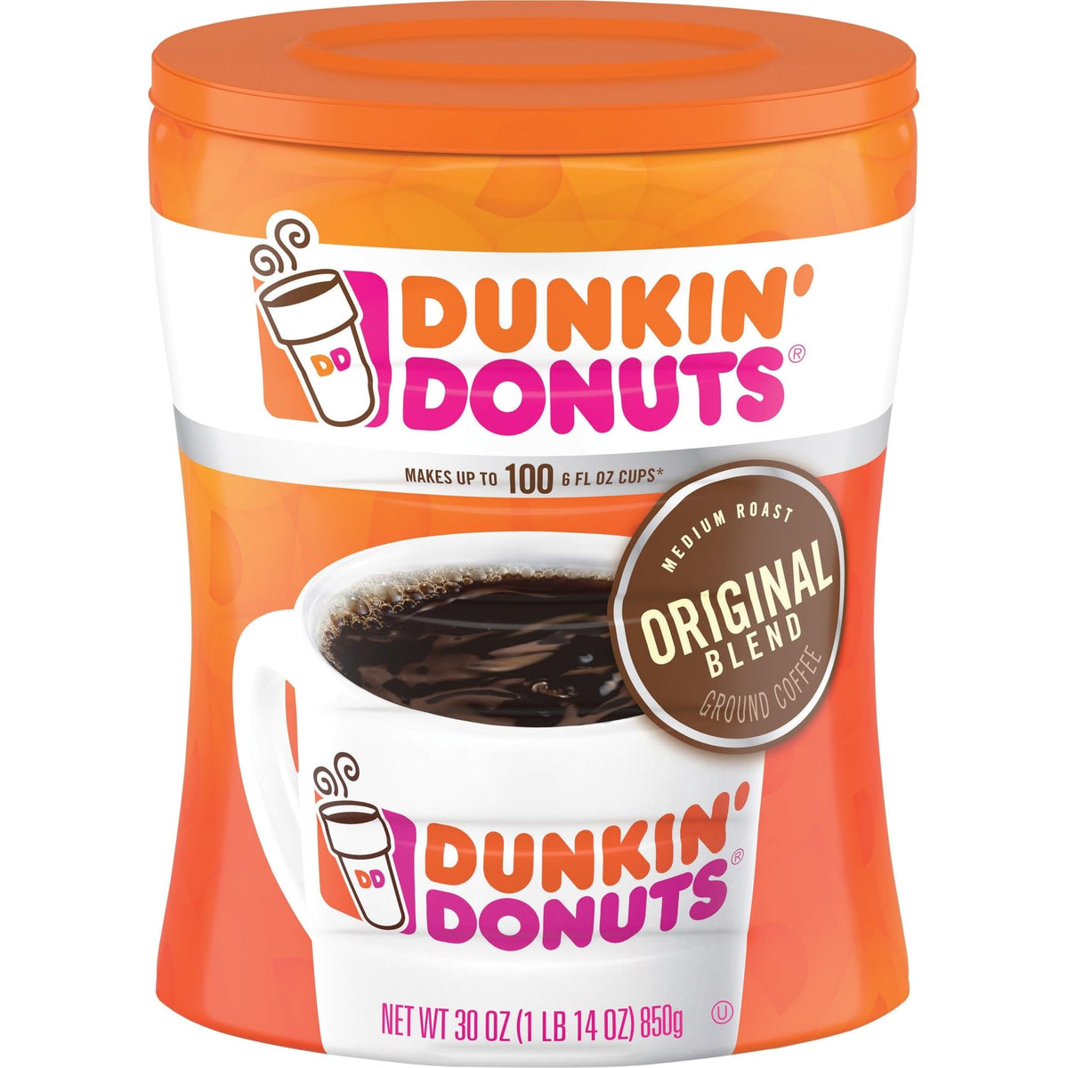 Dunkin' Donuts Original Blend canister back label reveals freshness notes.