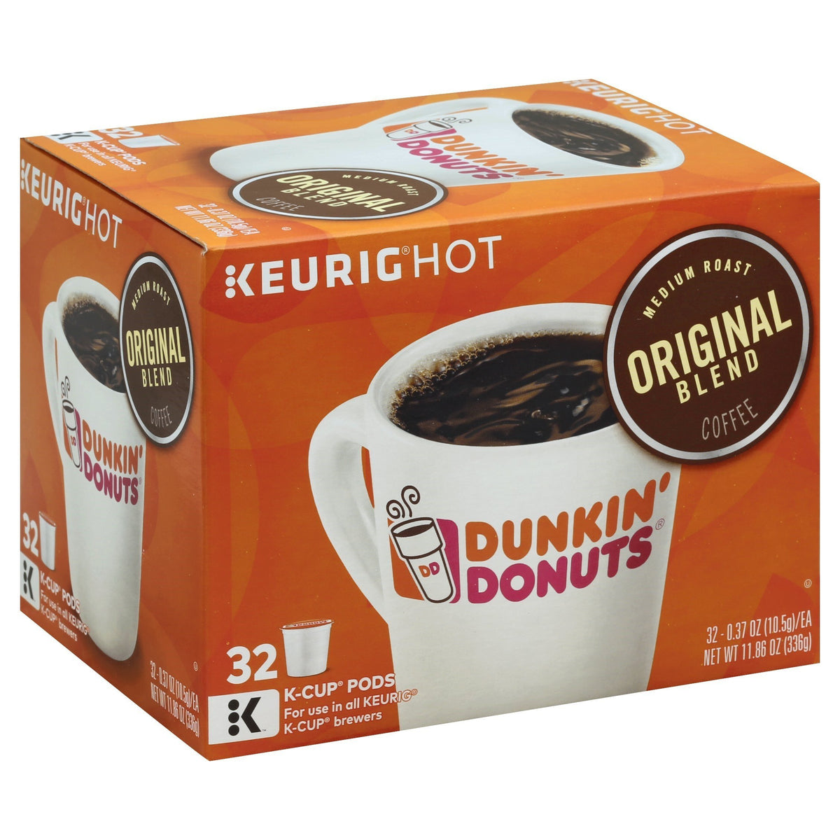 Dunkin' Donuts Original Blend K-Cup packaging closeup; trusted brand's iconic aroma.