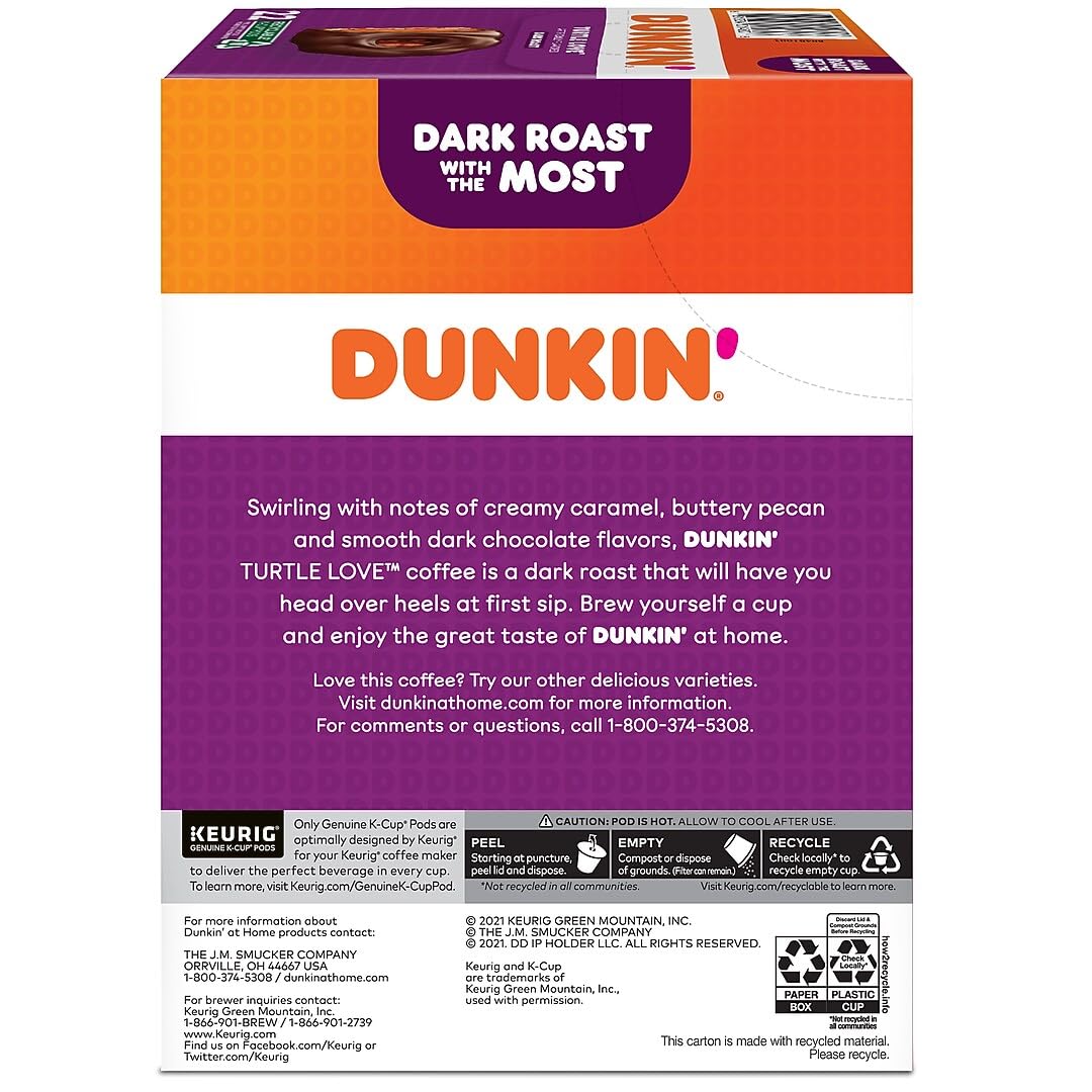 Dunkin Donuts Turtle Love 100% Arabica beans label for quality flavor