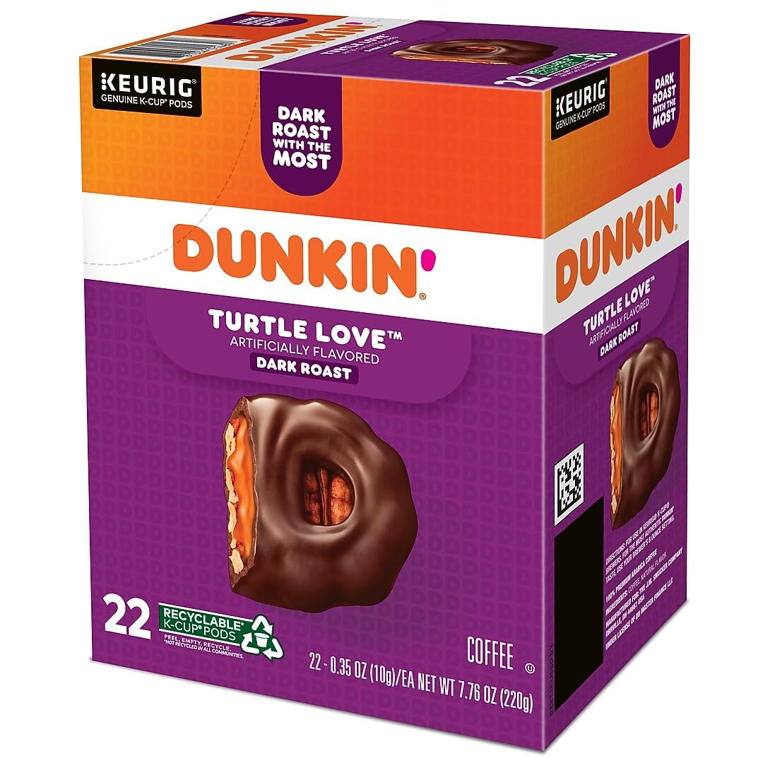 Dunkin Donuts Turtle Love 22-count box on shelf for daily caffeine