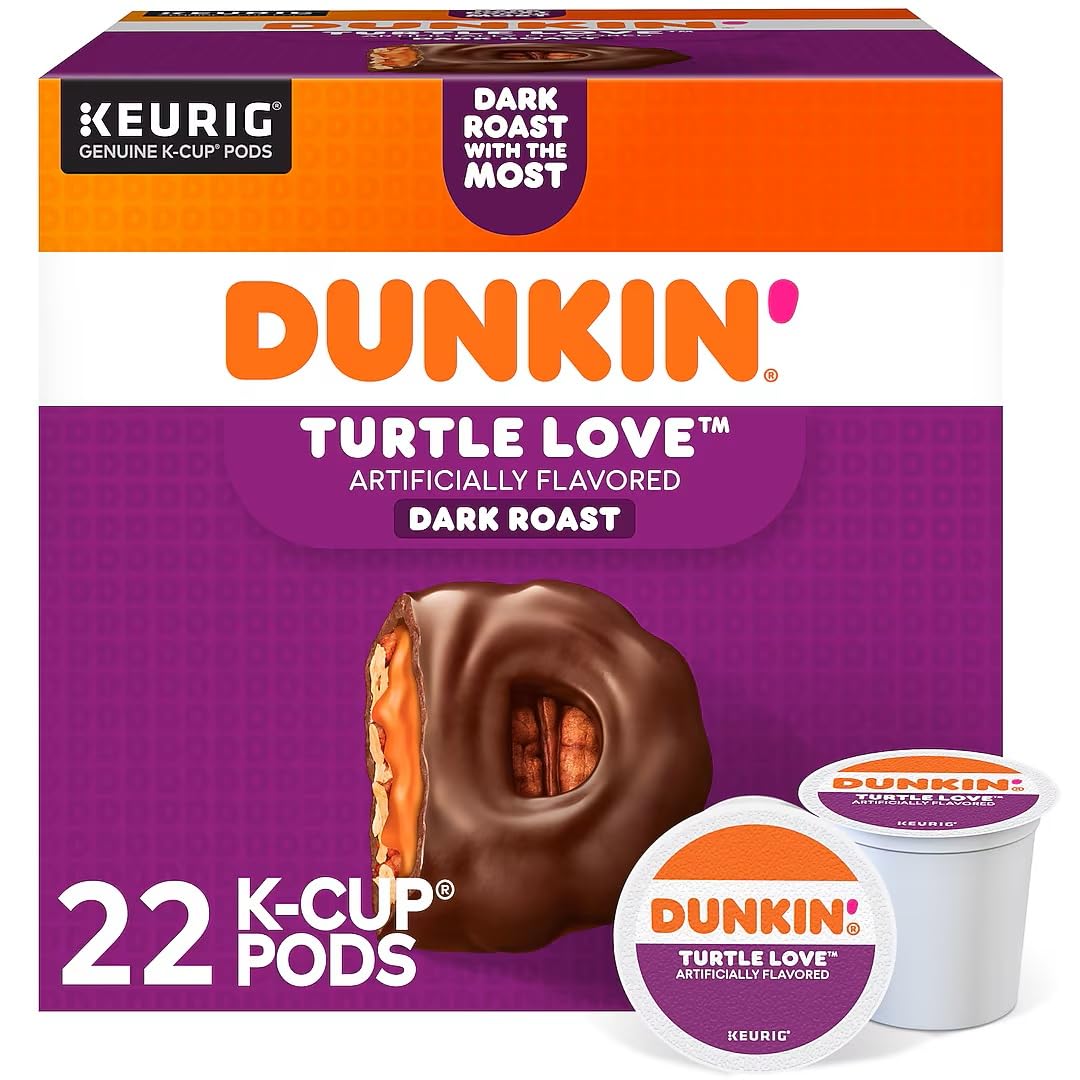 Dunkin Donuts Turtle Love dark roast K-Cup pods on kitchen counter showing bold flavor readiness