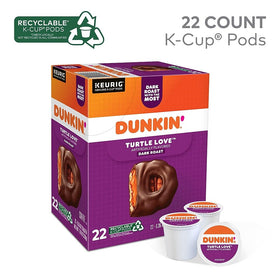 Dunkin Donuts Turtle Love pods box highlighting 22-count convenient packaging