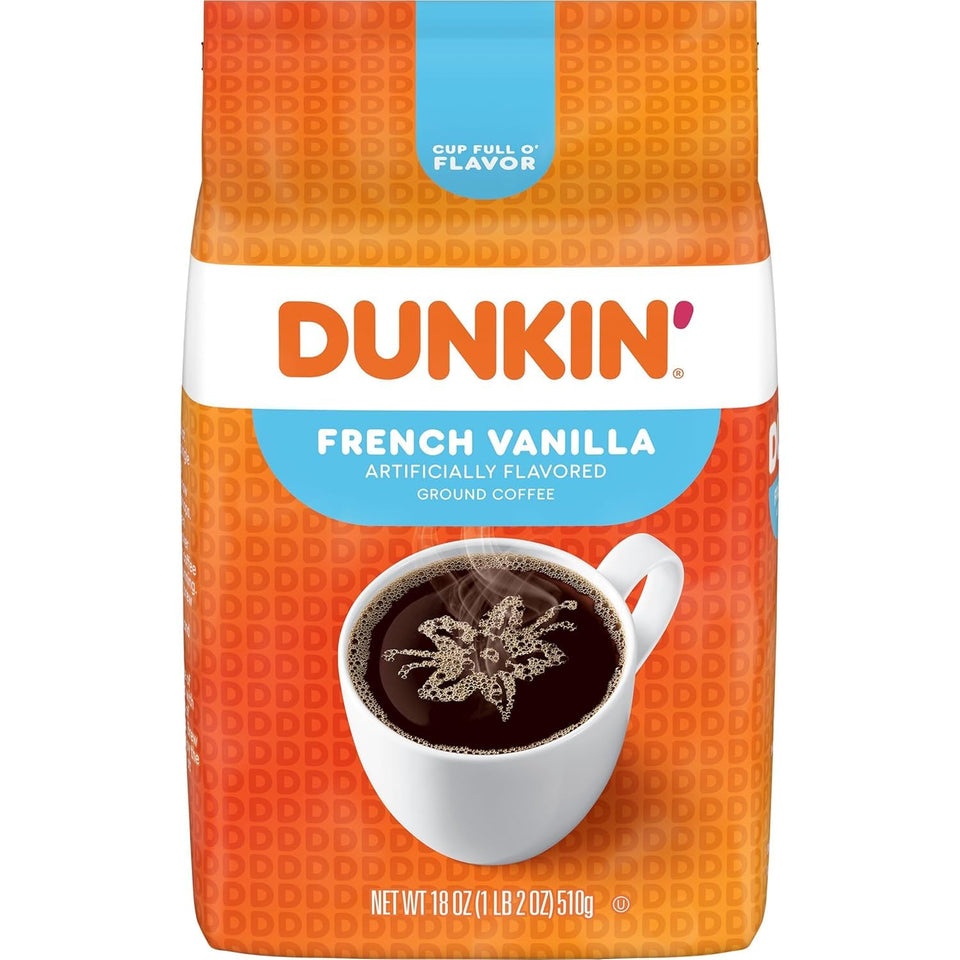 Dunkin' French Vanilla ground coffee bag on display, ready to brew a smooth morning.