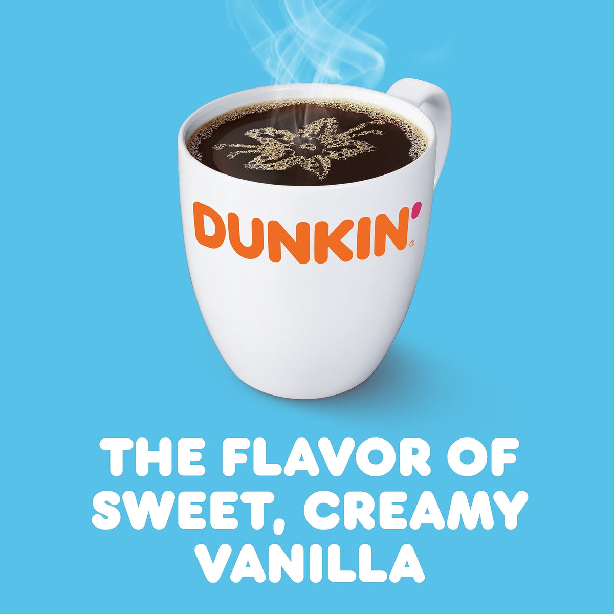 Dunkin' French Vanilla coffee cup steaming with inviting vanilla aroma.