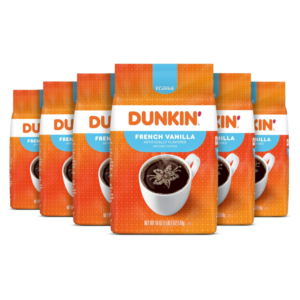 Dunkin' French Vanilla ground coffee pack of six bags ready for home brewing.