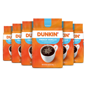 Dunkin' French Vanilla ground coffee pack of six bags ready for home brewing.