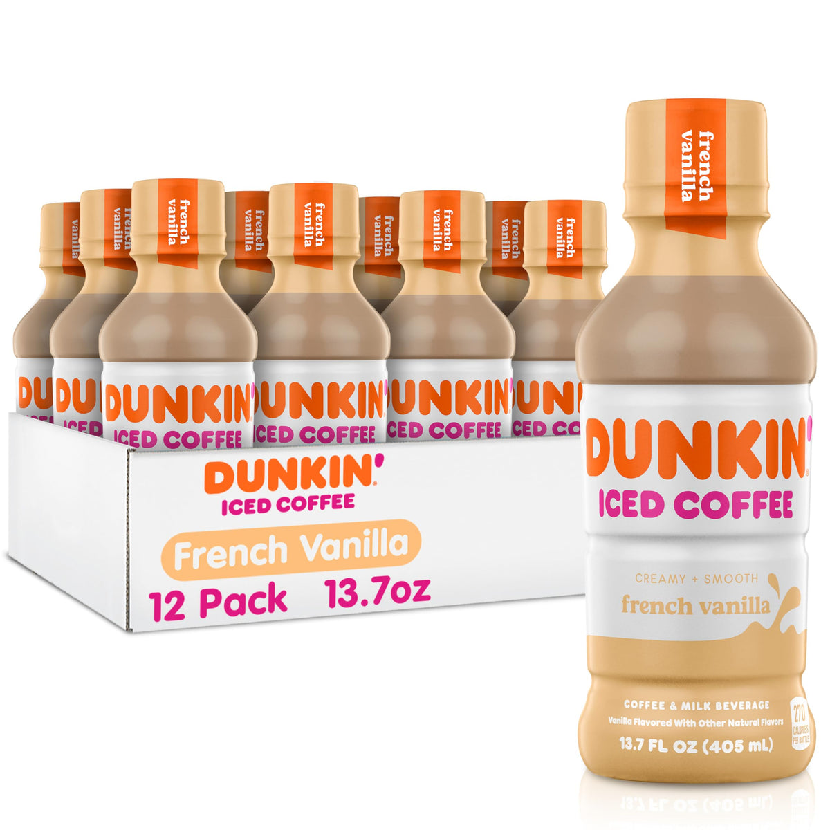 Dunkin French Vanilla Iced Coffee bottle front view with ready-to-go caffeine boost.